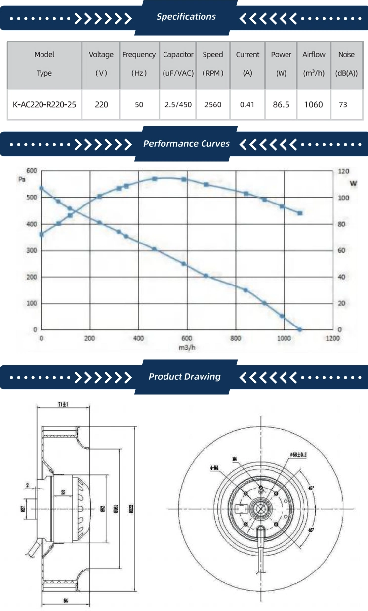 Blowers 220mm AC Centrifugal Fans Backward Curved, Ball Bearing, CCC, (K-AC220-R220-25)