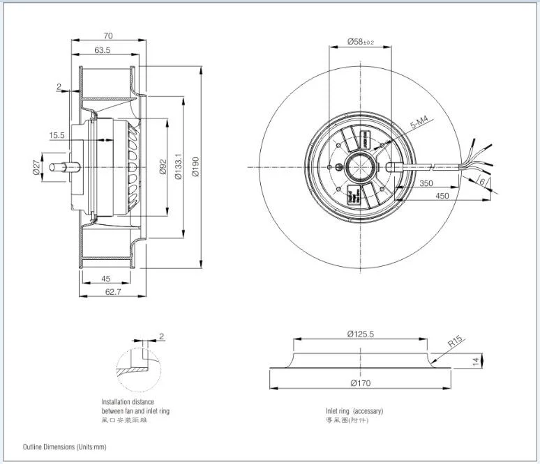 190 mm Backward Curved Low Noise Industrial Centrifugal Fan (FJC2E-190.45A)